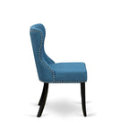 Ensemble table de cuisine - une table à manger ronde et des chaises en tissu de lin bleu, finition brossé noir (option de pièces)