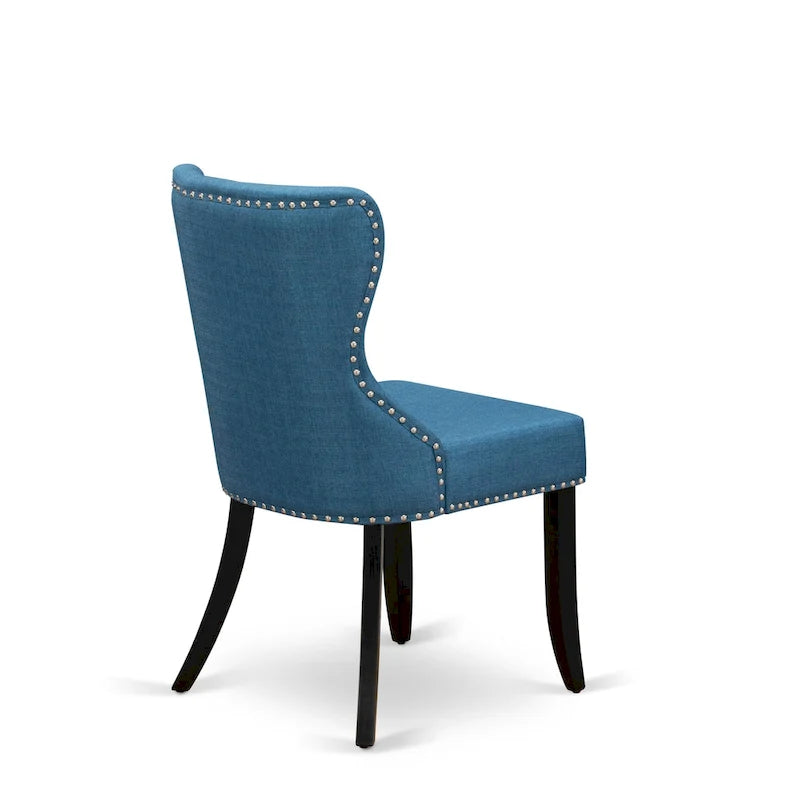 Ensemble table de cuisine - une table à manger ronde et des chaises en tissu de lin bleu, finition brossé noir (option de pièces)