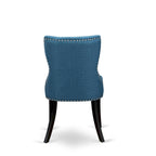 Ensemble table de cuisine - une table à manger ronde et des chaises en tissu de lin bleu, finition brossé noir (option de pièces)