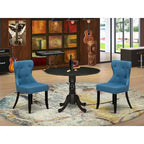 Ensemble table de cuisine - une table à manger ronde et des chaises en tissu de lin bleu, finition brossé noir (option de pièces)