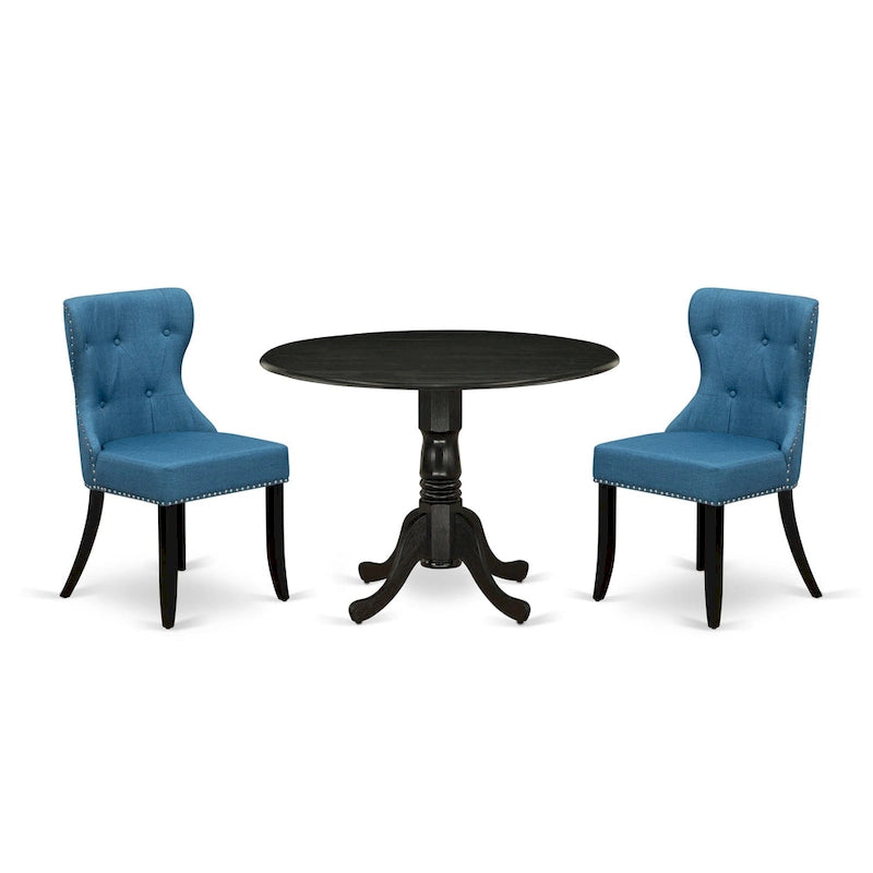 Ensemble table de cuisine - une table à manger ronde et des chaises en tissu de lin bleu, finition brossé noir (option de pièces)