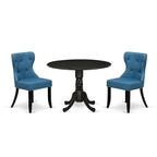 Ensemble table de cuisine - une table à manger ronde et des chaises en tissu de lin bleu, finition brossé noir (option de pièces)
