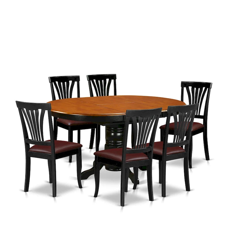 Ensemble de salle à manger 7 pièces - Une table ronde et 6 chaises de salle à manger, noir et cerisier (options de siège)