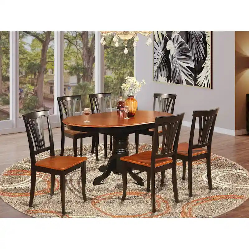 Ensemble de salle à manger 7 pièces - Une table ronde et 6 chaises de salle à manger, noir et cerisier (options de siège)