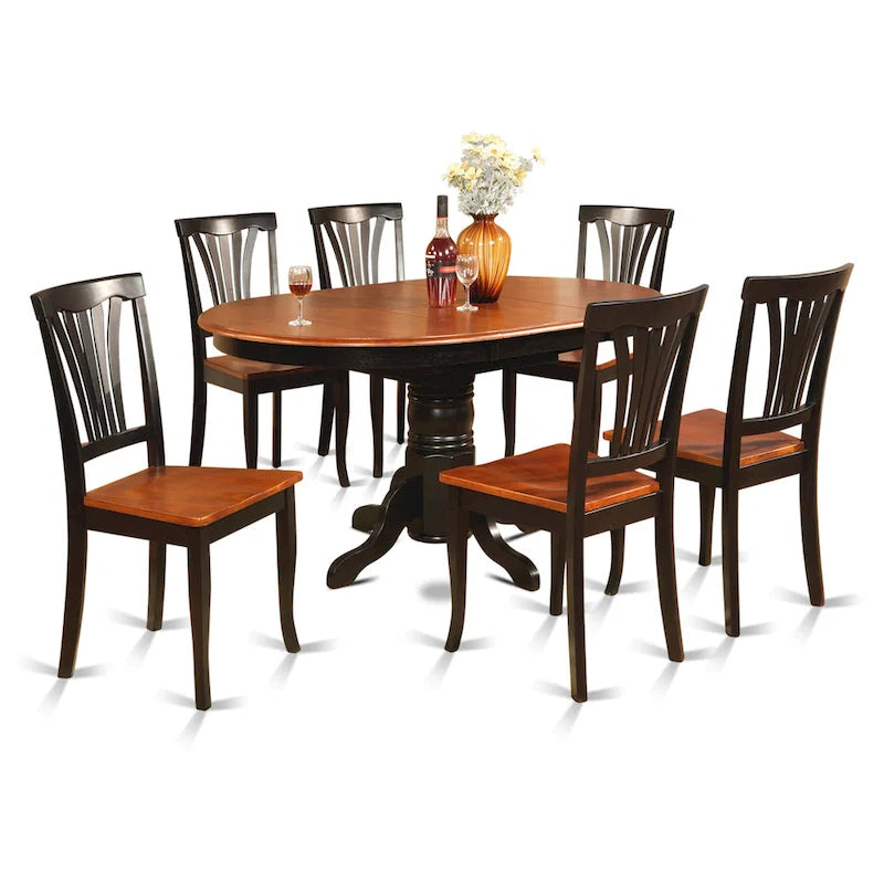Ensemble de salle à manger 7 pièces - Une table ronde et 6 chaises de salle à manger, noir et cerisier (options de siège)