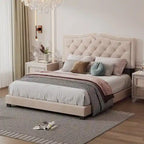 Cadre de lit tapissé Queen Size avec design riveté, lit plateforme moderne en velours avec tête de lit capitonnée