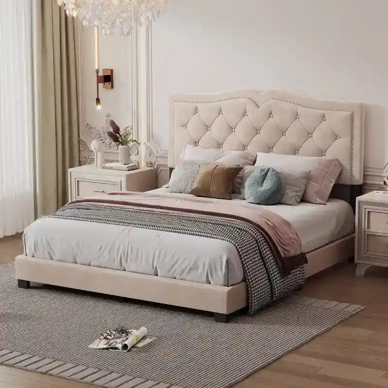 Cadre de lit tapissé Queen Size avec design riveté, lit plateforme moderne en velours avec tête de lit capitonnée