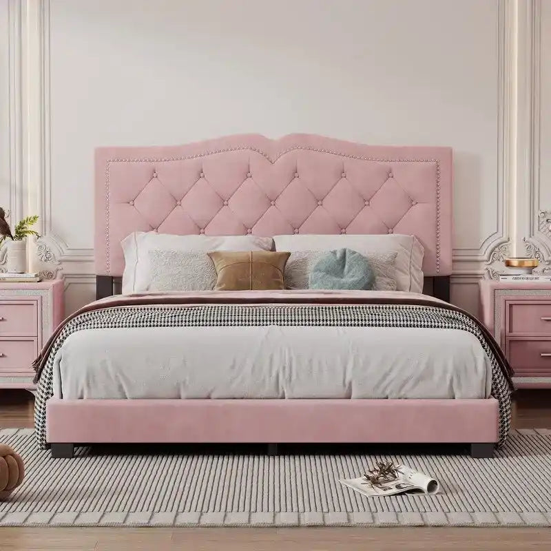 Cadre de lit tapissé Queen Size avec design riveté, lit plateforme moderne en velours avec tête de lit capitonnée