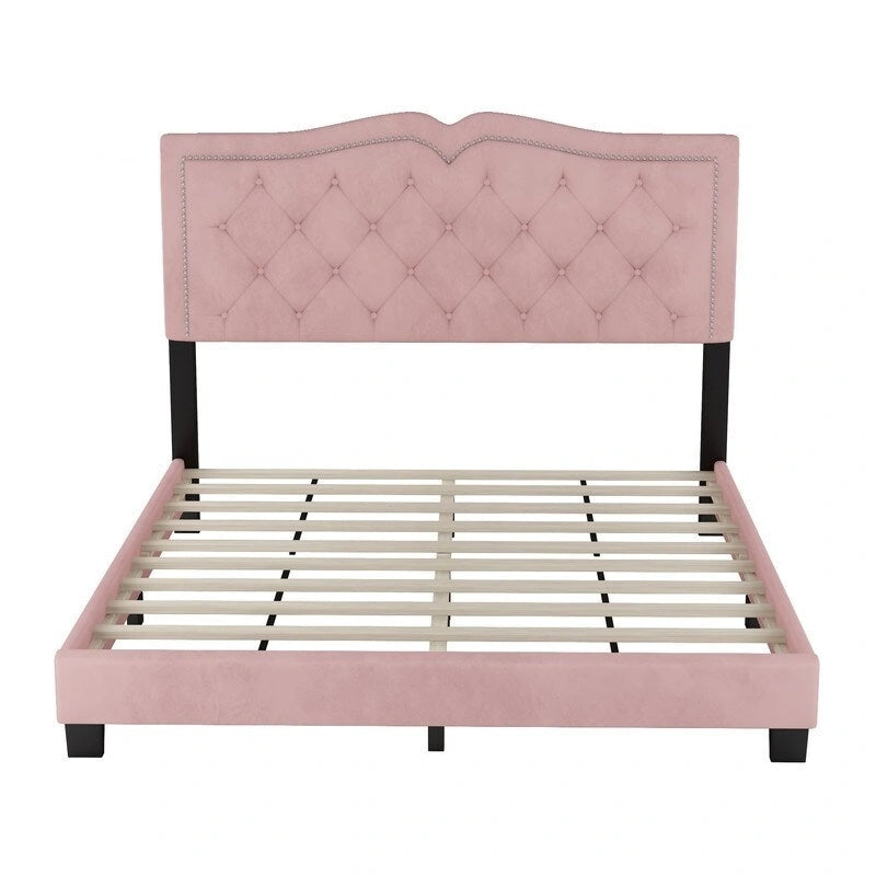 Cadre de lit tapissé Queen Size avec design riveté, lit plateforme moderne en velours avec tête de lit capitonnée