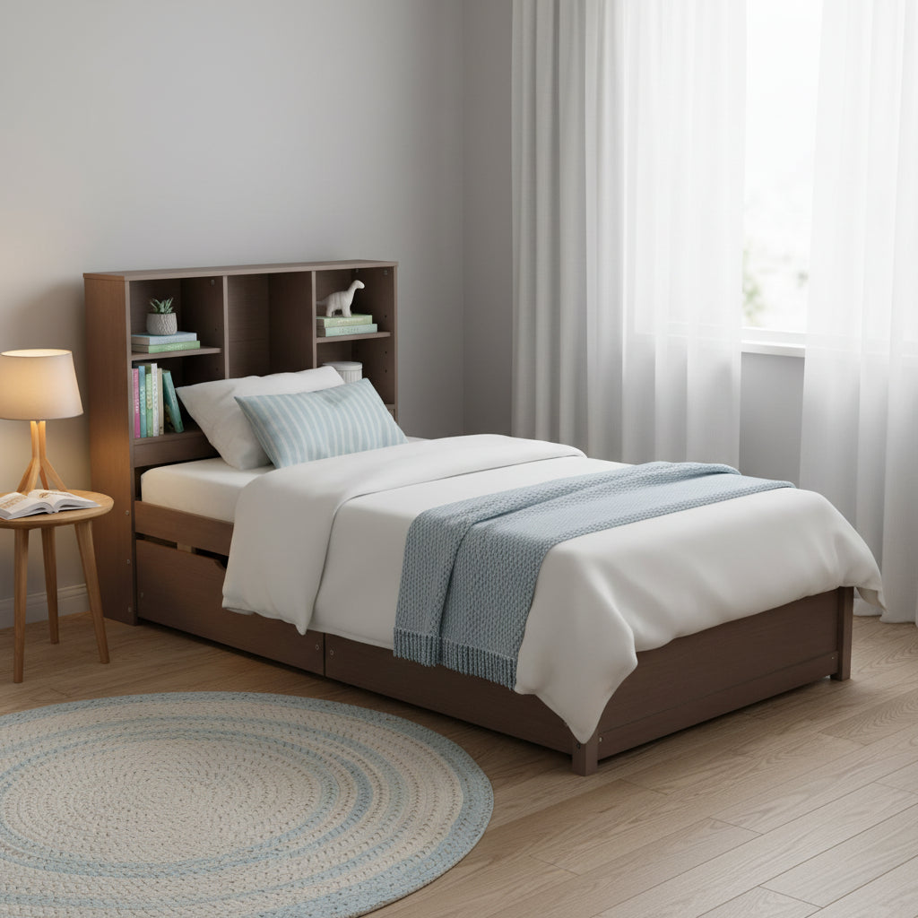 Cadre de lit moderne double avec port USB intégré sur la tête de lit bibliothèque et 2 tiroirs pour chambre à coucher, salon