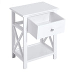 Table d'appoint, table de chevet de style campagnard avec tiroir de rangement, étagère ouverte et cadre en X, table de chevet pour salon, blanc