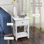 Table d'appoint, table de chevet de style campagnard avec tiroir de rangement, étagère ouverte et cadre en X, table de chevet pour salon, blanc