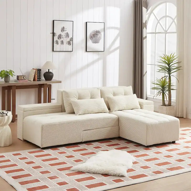 Modular Corduroy Sleeper Sofa & Sectional Set,Beige, 3-in-1 Design