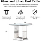 Table d'appoint de luxe en argent et verre avec plateau carré de 24 pouces et base en acier inoxydable