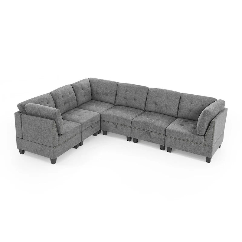 Grey Chenille L-shaped Modular Sectional Sofa with Three Single Chairs and Three Corners - 116W x 89.5D x 36.5H