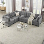 Canapé d'angle modulable en chenille grise avec trois fauteuils individuels et trois éléments d'angle - 116L x 89.5P x 36.5H