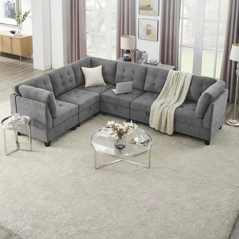 Canapé d'angle modulable en chenille grise avec trois fauteuils individuels et trois éléments d'angle - 116L x 89.5P x 36.5H