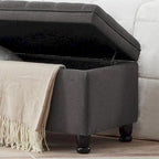 Banc de rangement capitonné avec boutons, Banc d'entrée en tissu de lin avec pieds en bois tournés, Banc de lit - Gris foncé